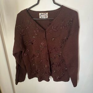 Women's Brown Embellished Button-Front Cardigan Sweater
